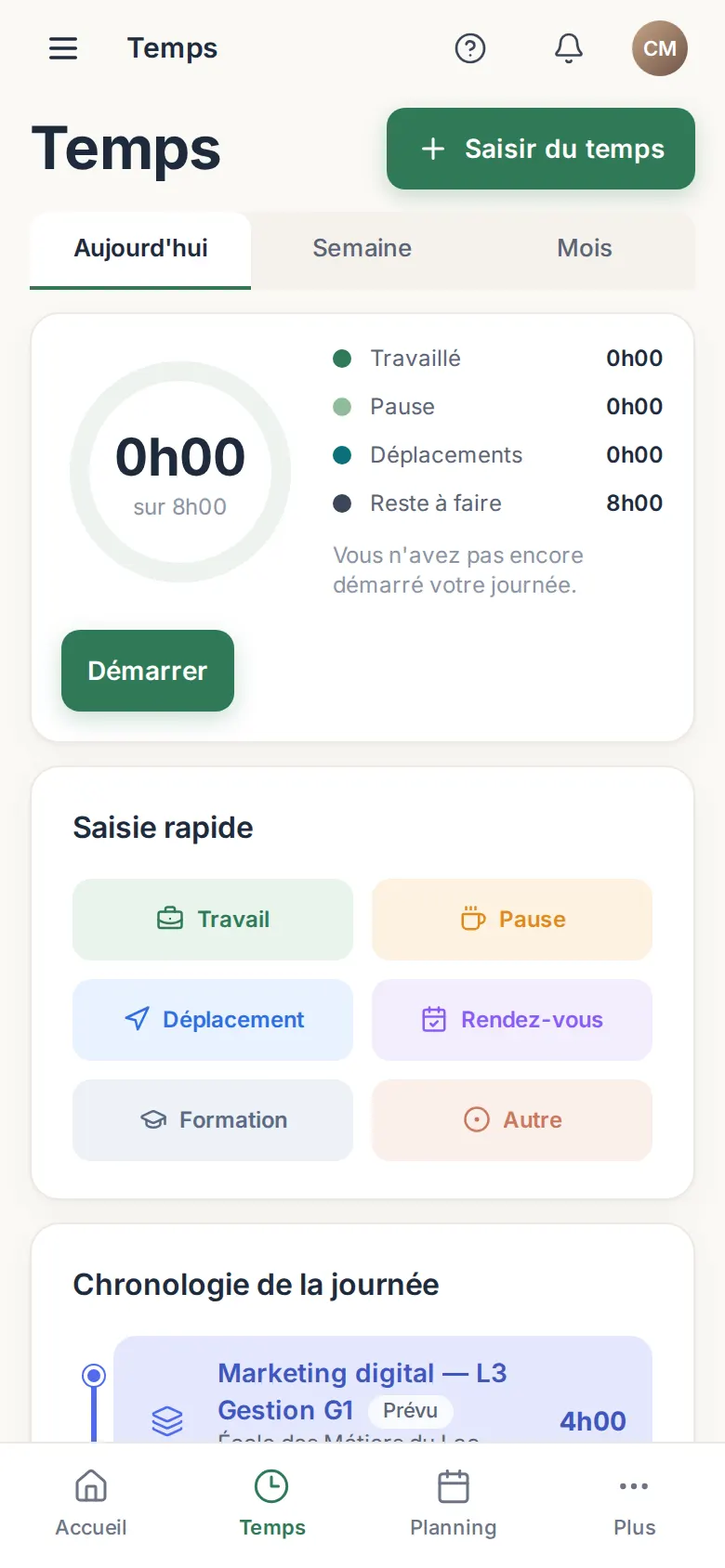 Écran « Temps » de SheepOS sur téléphone : le pointage de la journée.
