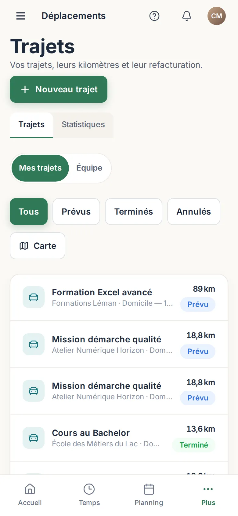 Écran « Trajets » de SheepOS sur téléphone : la liste des déplacements.