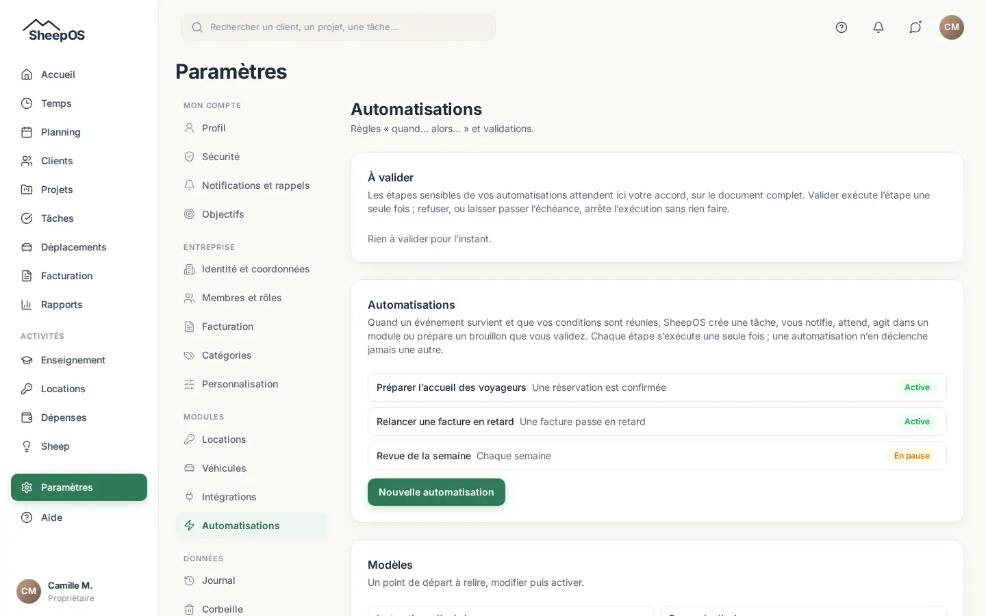 La liste des automatisations, avec leurs modèles et les étapes à valider
