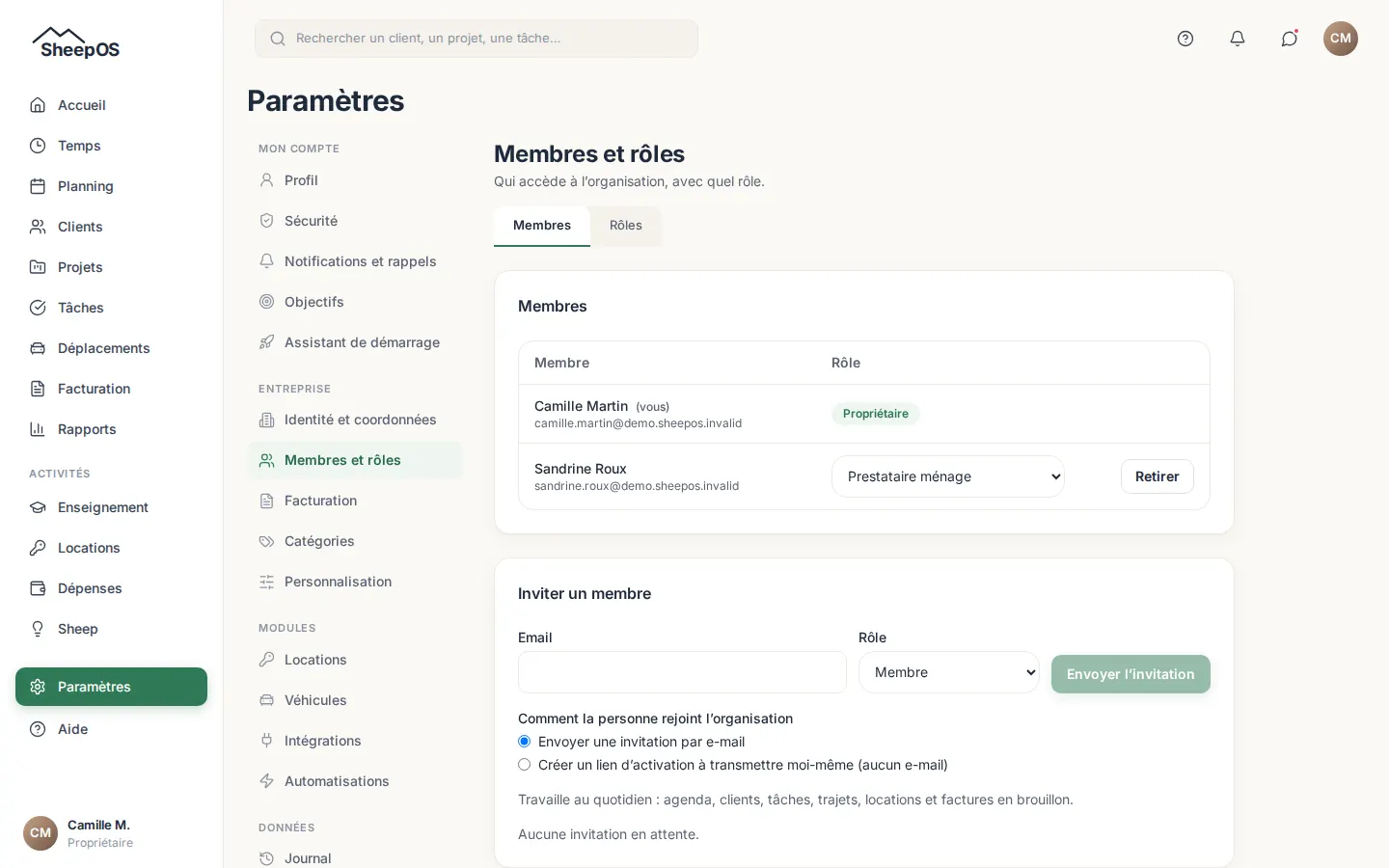 La liste des membres et la carte des invitations