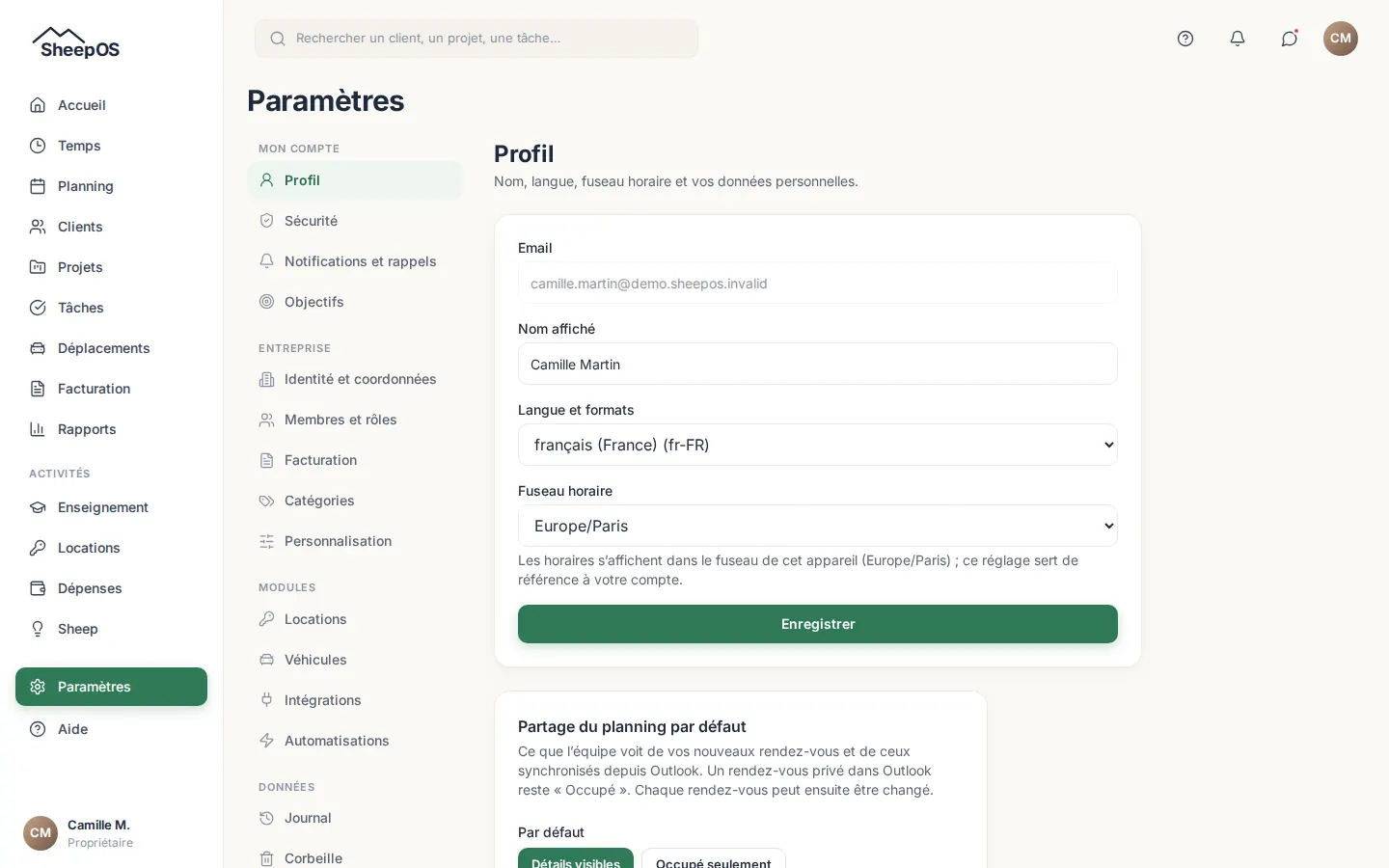 Les paramètres et leur sous-menu en quatre groupes