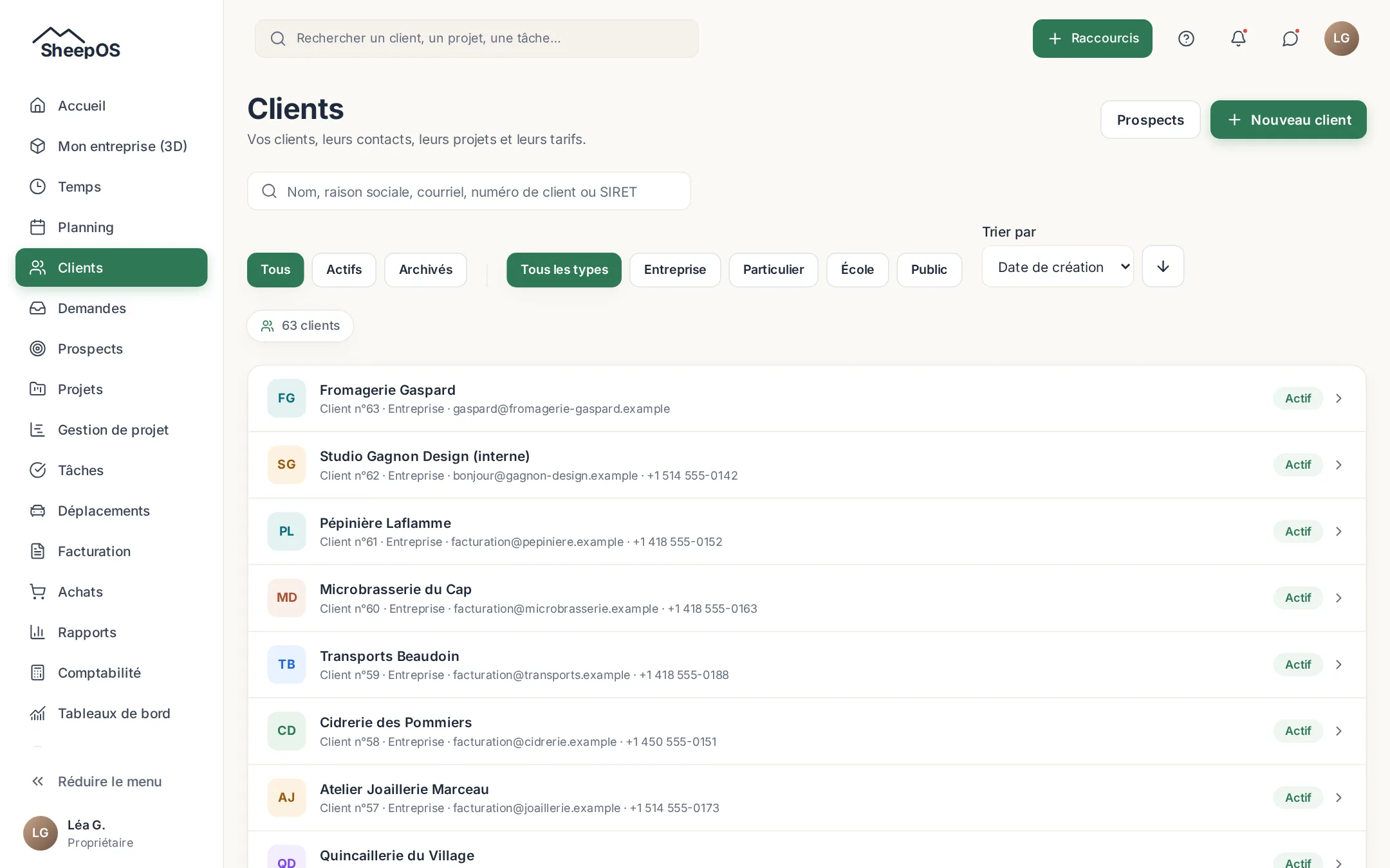 Liste des clients avec recherche et filtres par type.
