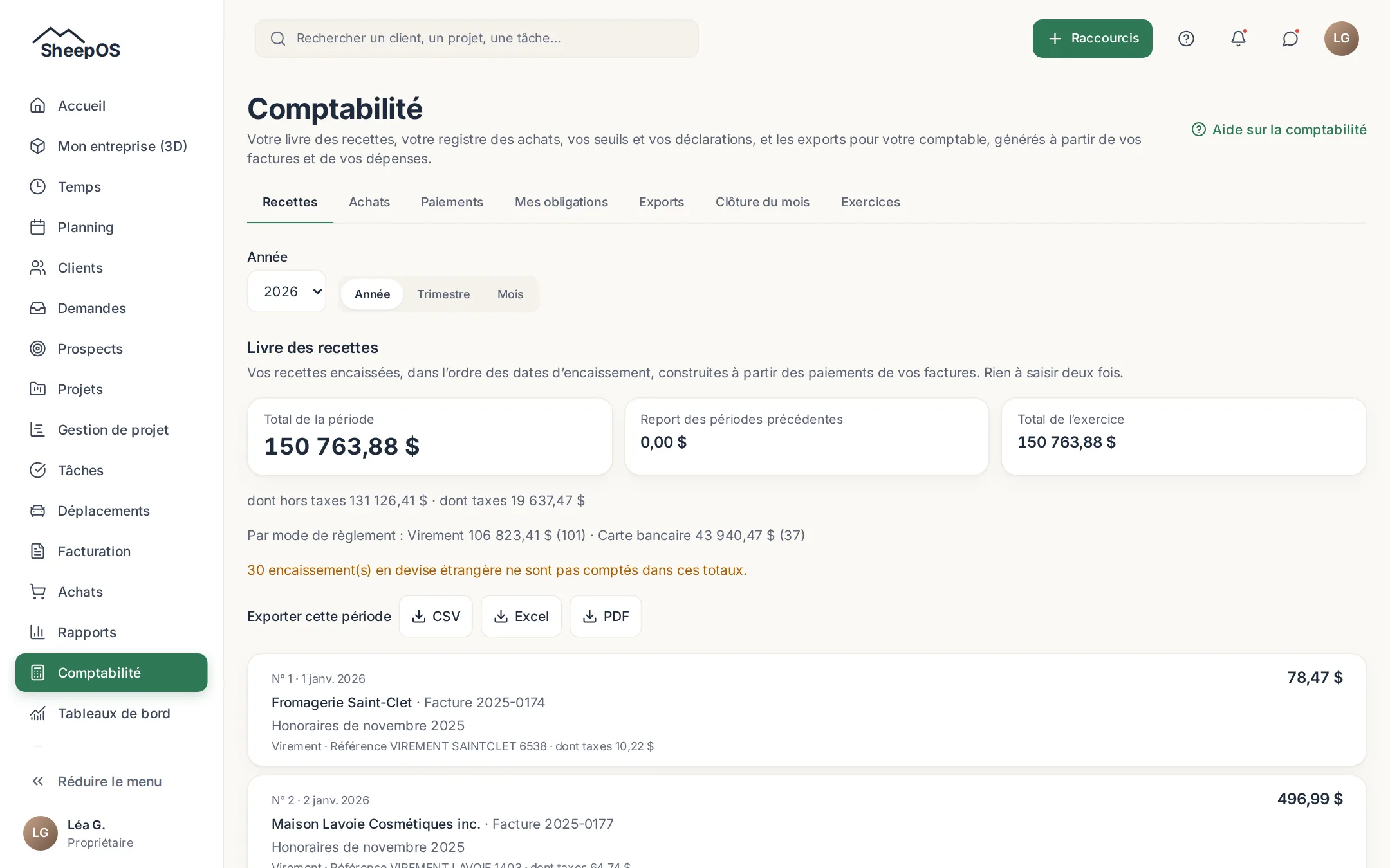 Livre des recettes construit à partir des paiements, avec export CSV, Excel et PDF.