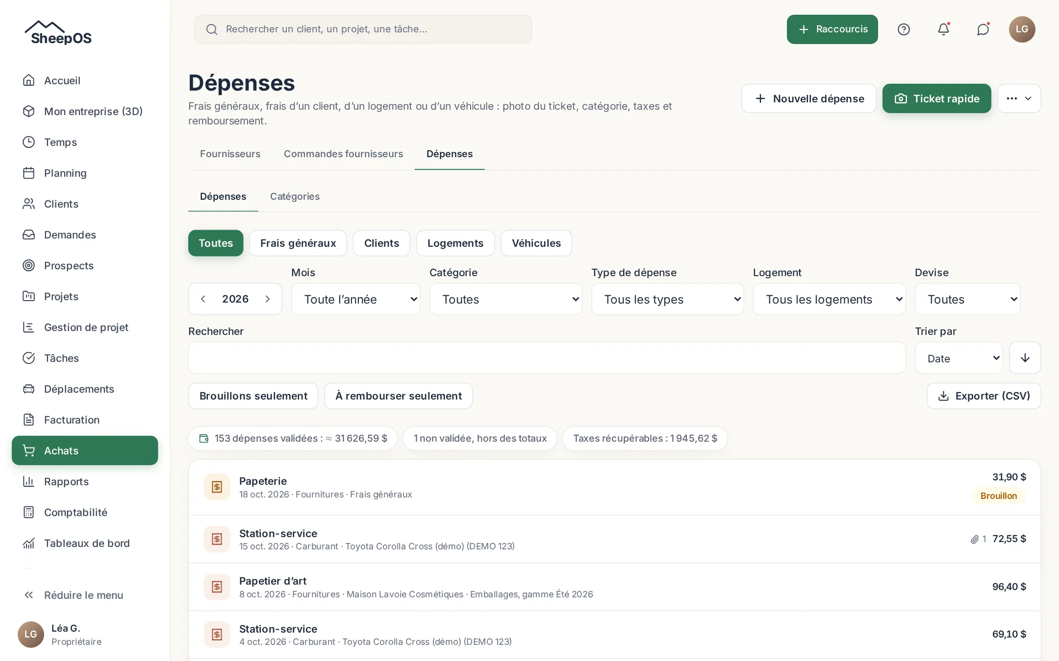 Liste des dépenses avec leur catégorie, leur pièce jointe et leur état.