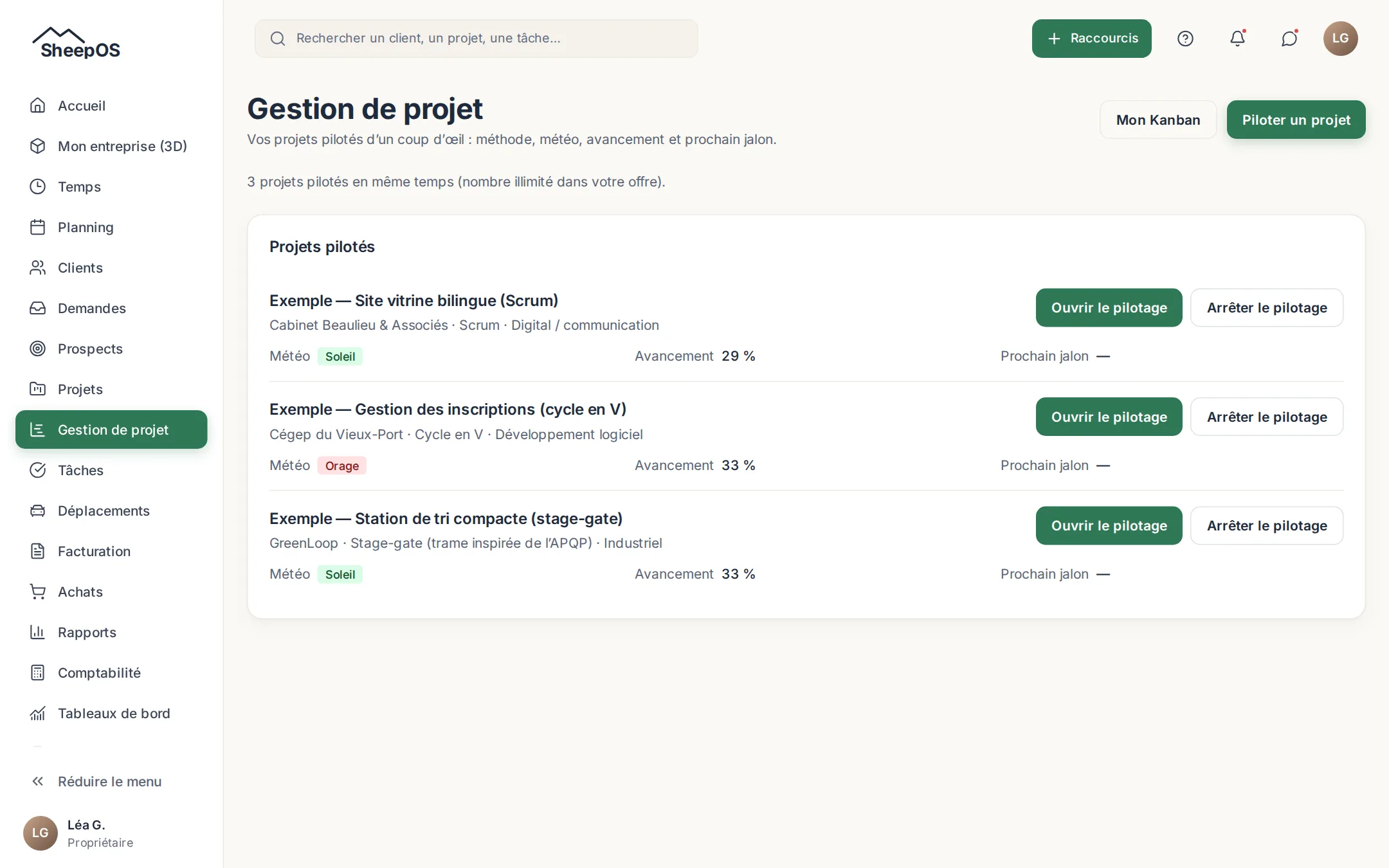 Projets pilotés avec leur méthode, leur météo, leur avancement et leur prochain jalon.