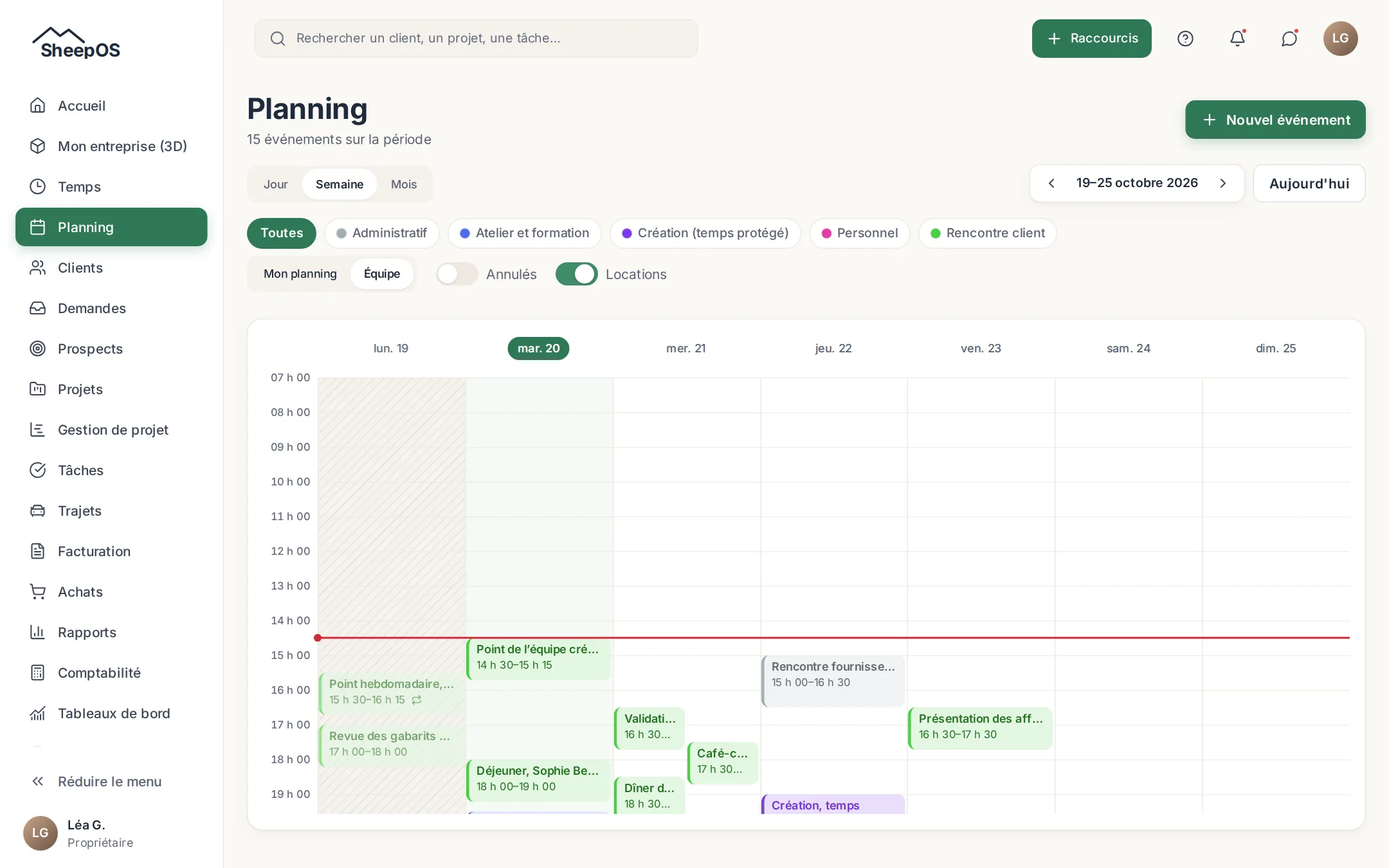 Planning de la semaine avec catégories colorées et vue d’équipe.
