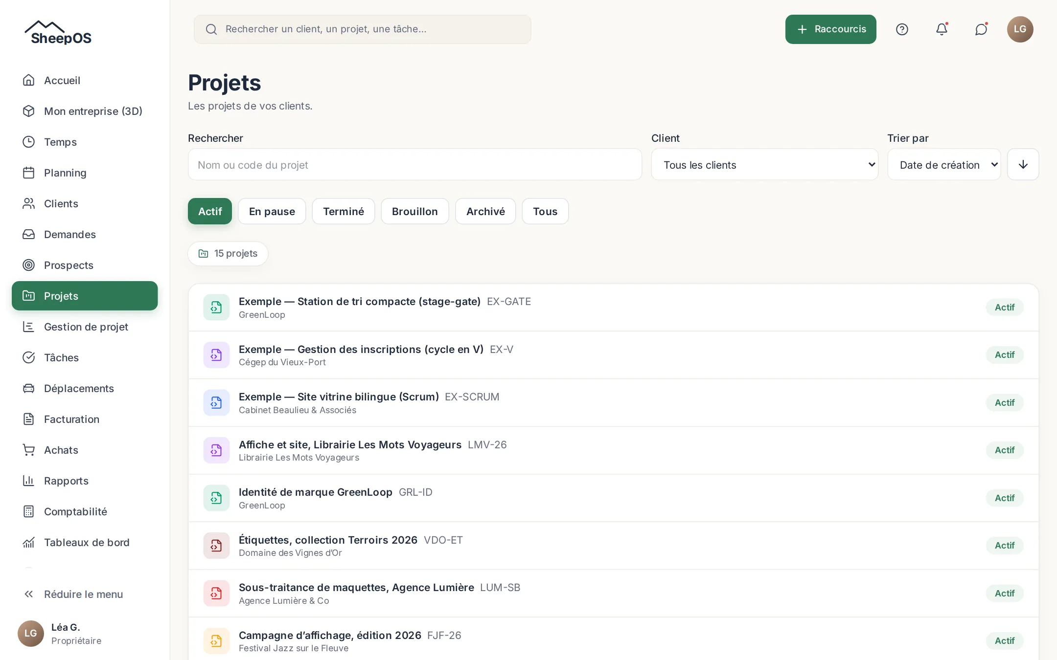 Liste des projets avec leur client et leur statut.